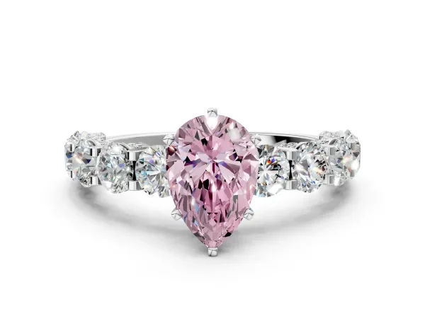 Fancy Pink Pear Cut Diamond Side Stone Engagement Ring with Four-Prong Setting Silver