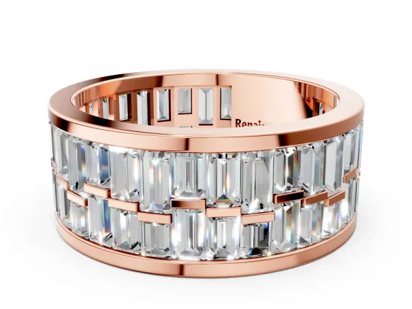 Baguette Diamond Staggered Two-Row Mens Band Rose gold