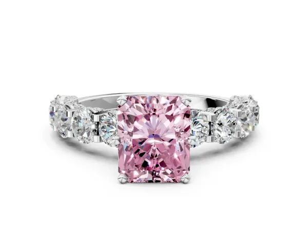 Fancy Pink Radiant Cut Diamond Side Stone Engagement Ring with Four-Prong Setting Silver
