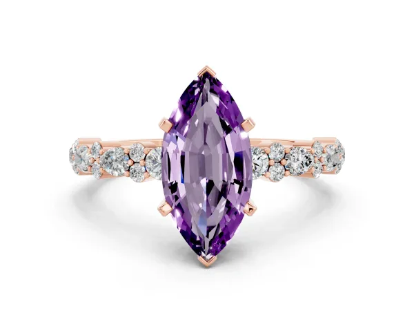 Marquise Cut Amethyst Side Stone Solitaire Ring with Round and Four-Prong Setting Rose gold