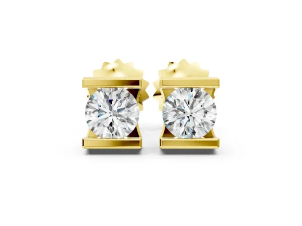 Bar Set Round Diamond Stud Earrings in White Gold Yellow gold
