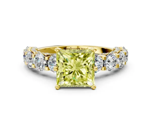Fancy Yellow Princess Cut Diamond Side Stone Engagement Ring with Four-Prong Setting Yellow gold