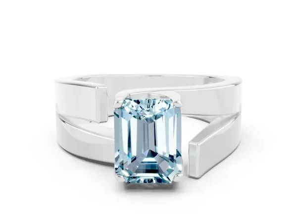 Modern Tension Set Emerald Cut Aquamarine Solitaire Wide Band Ring Platinum