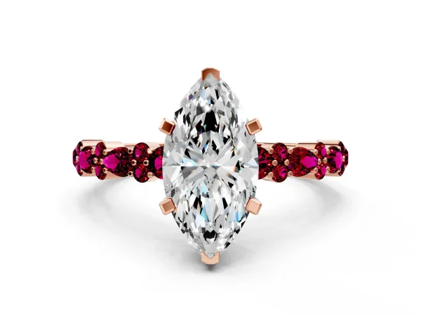 Marquise Cut Diamond Side Stone Solitaire Ring with Round Garnet and Four-Prong Setting Rose gold