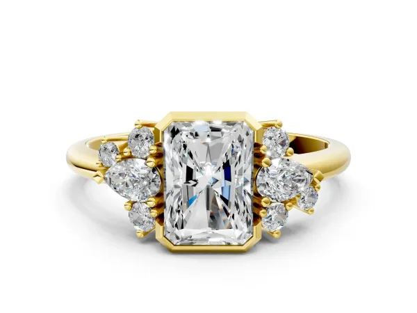 Radiant Diamond Engagement Ring with Pear and Round Side Stones Yellow gold
