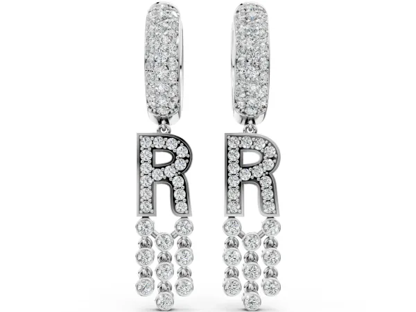 Round Diamond Initial R Huggie Hoop Earrings White gold