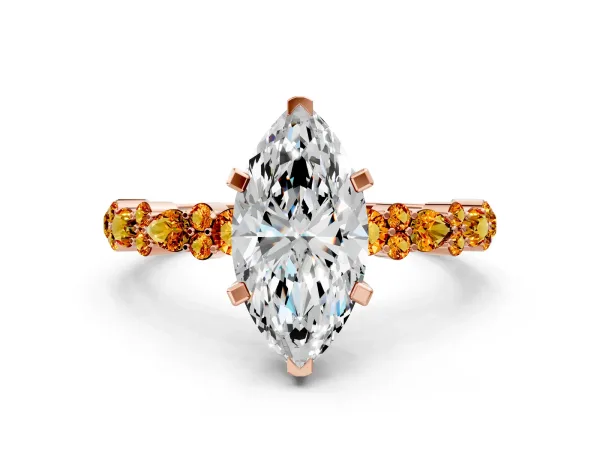 Marquise Cut Diamond Side Stone Solitaire Ring with Round Citrine and Four-Prong Setting Rose gold