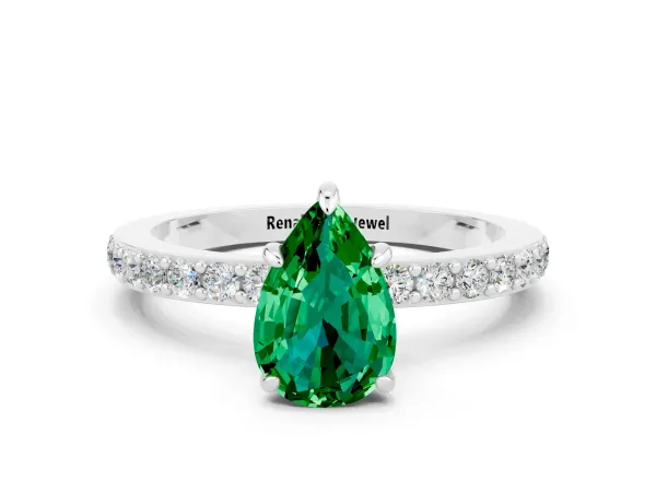 Pear Cut Emerald Solitaire Engagement Ring with Pavé Band and Four-Prong Setting Platinum