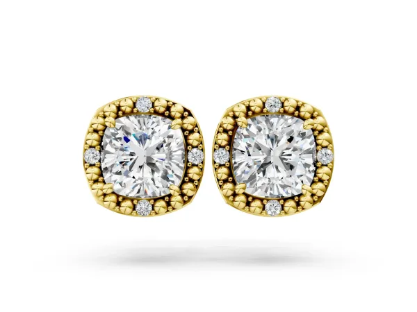 Cushion Diamond Beaded Halo Stud Earrings Yellow gold