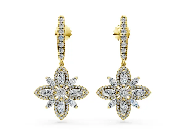 Marquise and Round Diamond Floral Huggie Drop Earrings Yellow gold