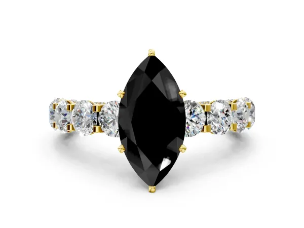 Fancy Black Marquise Cut Diamond Side Stone Engagement Ring with Four-Prong Setting Yellow gold