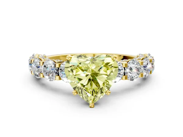 Fancy Yellow Heart Cut Diamond Side Stone Engagement Ring with Four-Prong Setting Yellow gold
