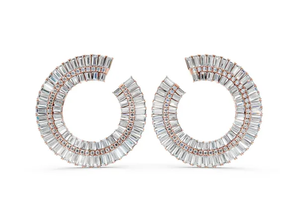 Baguette and Round Diamond Fanned Hoop Earrings Rose gold
