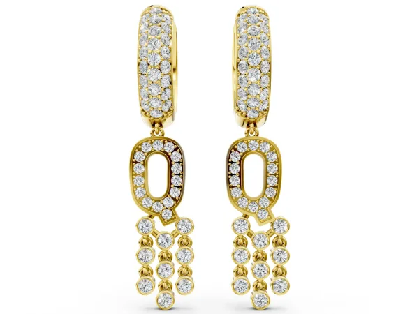 Round Diamond Initial Q Huggie Hoop Earrings Yellow gold