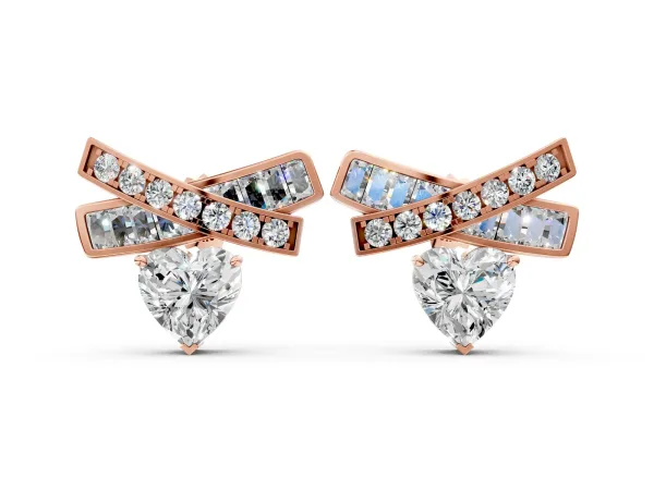 Heart Diamond X Stud Earrings with Baguette and Round Accents Rose gold