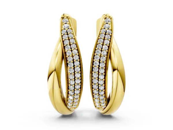 Round Diamond Double Row Huggie Hoop Earrings Yellow gold