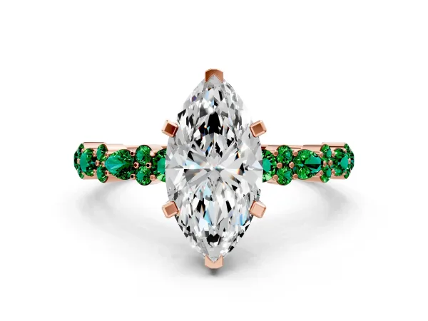 Marquise Cut Diamond Side Stone Solitaire Ring with Round Emerald and Four-Prong Setting Rose gold