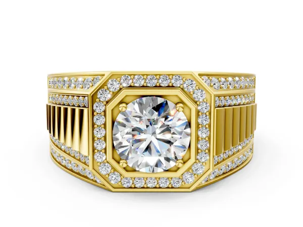 Round Diamond Octagonal Halo Mens Ring with Pavé Accents Yellow gold