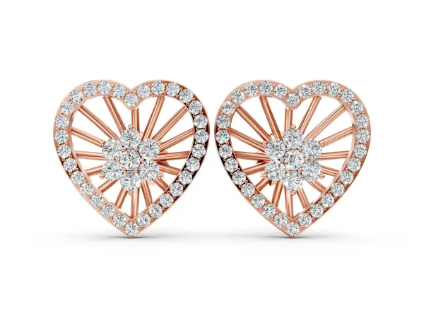 Round Diamond Open Heart Cluster Stud Earrings Rose gold