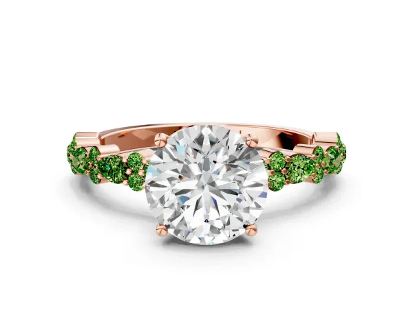 Round Cut Diamond Side Stone Solitaire Ring with Round Peridot and Four-Prong Setting Rose gold