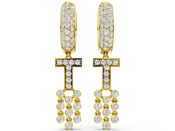 Round Diamond Initial T Huggie Hoop Earrings Yellow gold