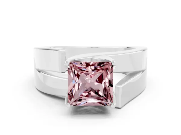 Modern Tension Set Princess Cut Morganite Solitaire Wide Band Ring Platinum