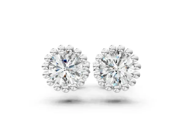 Round Diamond Flower Halo Stud Earrings with Petal Prong Setting White gold
