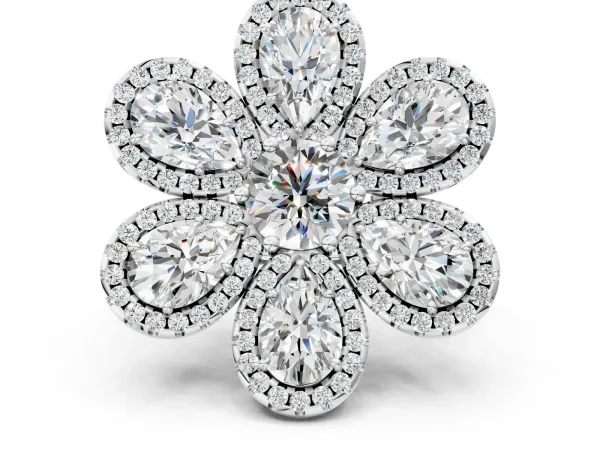 Pear Diamond Floral Promise Ring with Round Diamond Center White gold