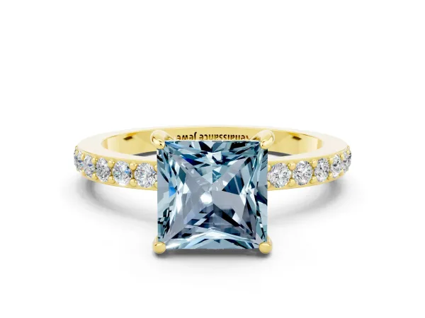Princess Cut Aquamarine Solitaire Engagement Ring with Pavé Band and Four-Prong Setting Yellow gold
