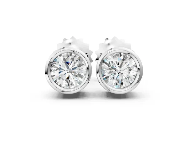Bezel Set Round Diamond Stud Earrings with Push Back White gold