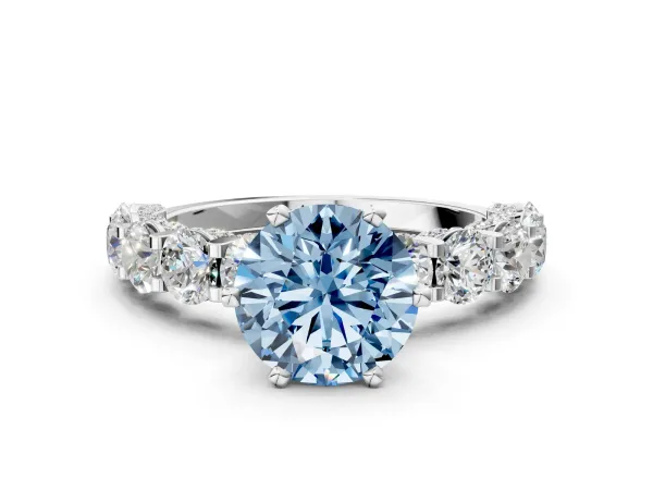Fancy Blue Round Cut Diamond Side Stone Engagement Ring with Four-Prong Setting White gold