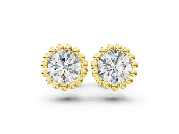 Round Diamond Flower Halo Stud Earrings with Petal Prong Setting Yellow gold