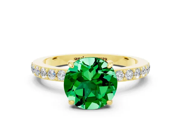 Round Cut Emerald Solitaire Engagement Ring with Pavé Band and Four-Prong Setting Yellow gold