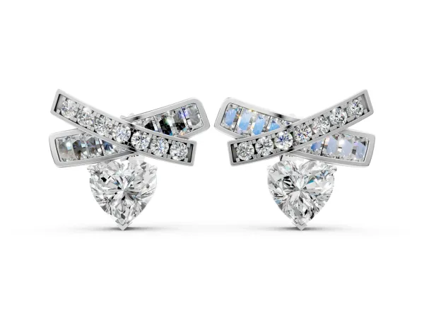 Heart Diamond X Stud Earrings with Baguette and Round Accents White gold