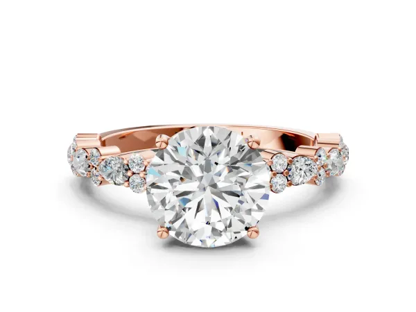Round Cut Diamond Side Stone Solitaire Ring with Round Moissanite and Four-Prong Setting Rose gold