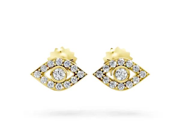 Round Diamond Bezel Center Evil Eye Stud Earrings Yellow gold