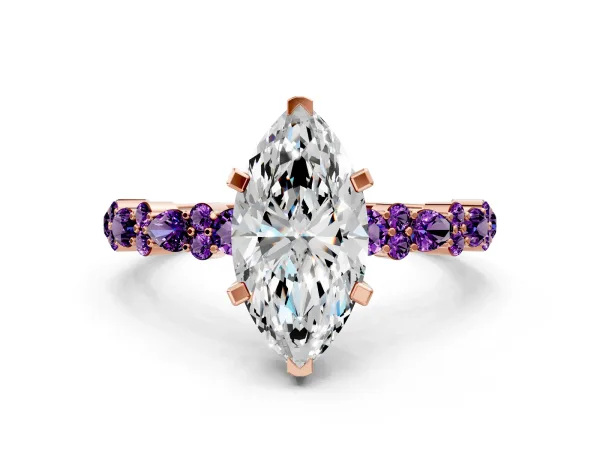 Marquise Cut Diamond Side Stone Solitaire Ring with Round Amethyst and Four-Prong Setting Rose gold