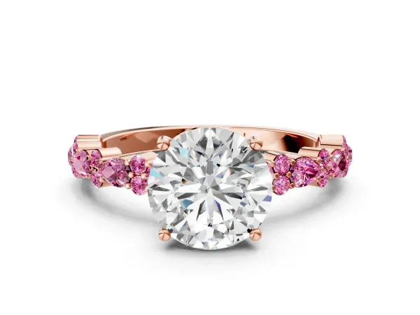 Round Cut Diamond Side Stone Solitaire Ring with Round Pink Sapphire and Four-Prong Setting Rose gold