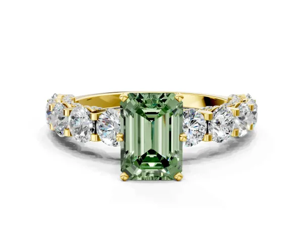 Fancy Green Emerald Cut Diamond Side Stone Engagement Ring with Four-Prong Setting Yellow gold