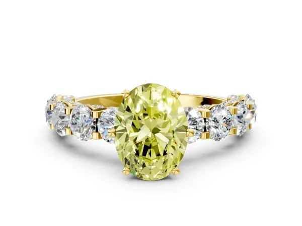 Fancy Yellow Oval Cut Diamond Side Stone Engagement Ring with Four-Prong Setting Yellow gold