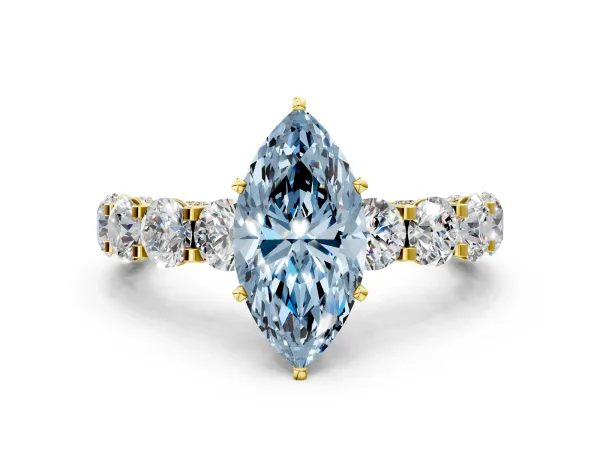 Fancy Blue Marquise Cut Diamond Side Stone Engagement Ring with Four-Prong Setting Yellow gold