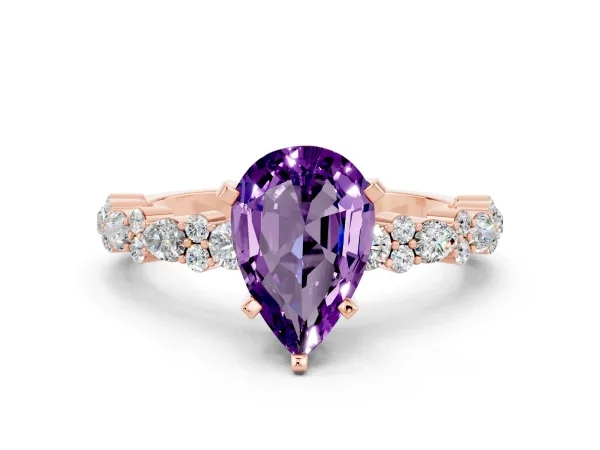Pear Cut Amethyst Side Stone Solitaire Ring with Round and Four-Prong Setting Rose gold