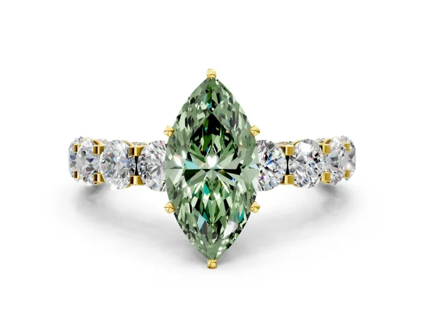 Fancy Green Marquise Cut Diamond Side Stone Engagement Ring with Four-Prong Setting Yellow gold