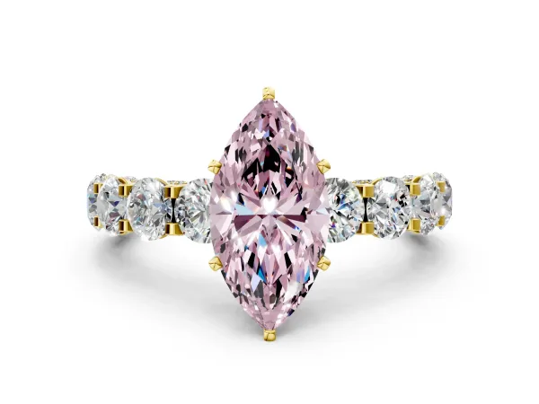 Fancy Pink Marquise Cut Diamond Side Stone Engagement Ring with Four-Prong Setting Yellow gold