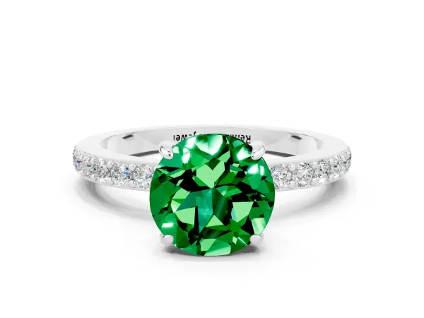 Round Cut Emerald Solitaire Engagement Ring with Pavé Band and Four-Prong Setting Platinum