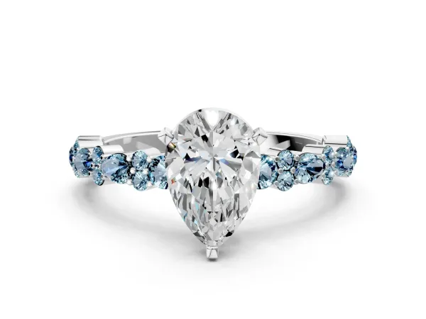 Pear Cut Diamond Side Stone Solitaire Ring with Round Aquamarine and Four-Prong Setting White gold