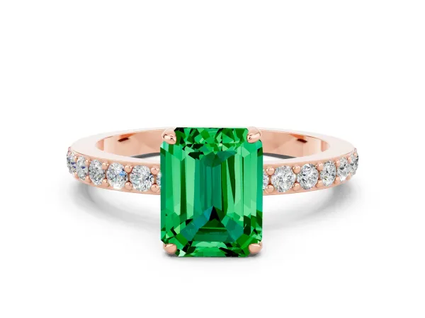 Emerald Cut Emerald Solitaire Engagement Ring with Pavé Band and Four-Prong Setting Rose gold