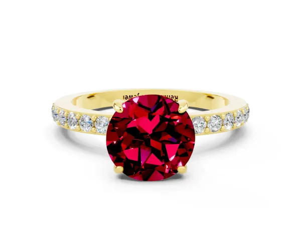 Round Cut Garnet Solitaire Engagement Ring with Pavé Band and Four-Prong Setting Yellow gold