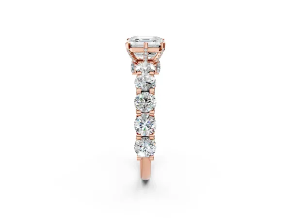 Asscher Cut Diamond Side Stone Engagement Ring with Four-Prong Setting Rose gold