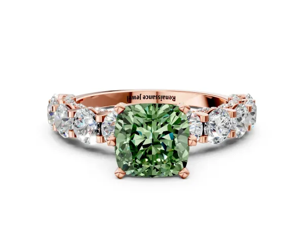 Fancy Green Cushion Cut Diamond Side Stone Engagement Ring with Four-Prong Setting Rose gold